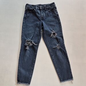 Blue Ankle Cropped Jeans with Distressed Details